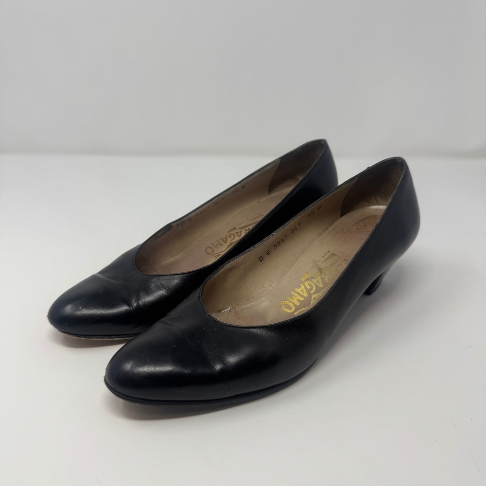 Salvatore Ferragamo Black Leather Low Heel Pumps